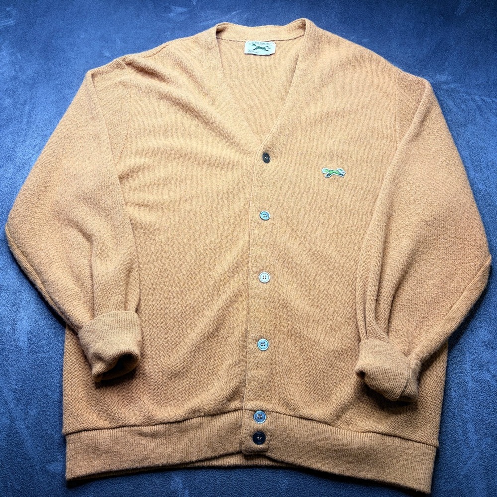 Vintage 80s JCPenney Fox Sweater Mens Large Camel Acrylic Knit Cardigan Grandpa